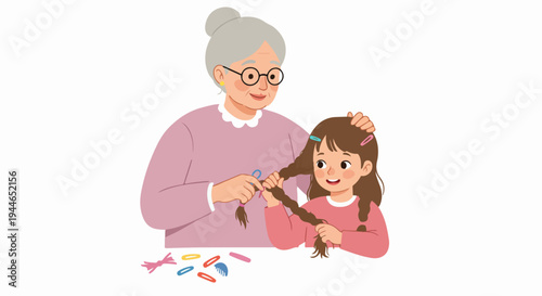 Happy grandmother styling her young granddaughter's long hair, braiding pigtails with colorful accessories.