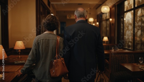 Wallpaper Mural Walking couple moving down dining aisle in casual jacket and suit, carrying brown bag, briefcase Torontodigital.ca