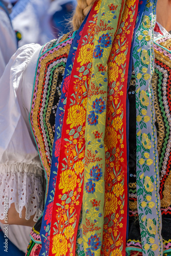 Obraz na plátne Detail of Polish folk costume for woman with multicolored embroidery