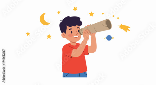 Boy using a pretend telescope to view stars, moon, and planet, symbolizing imagination and astronomy.