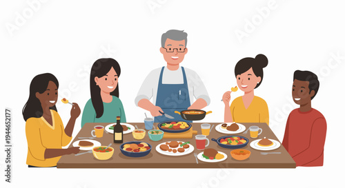 Flat illustration of a diverse group celebrating and sharing a delicious dinner together, served by the cheerful cook in an apron.