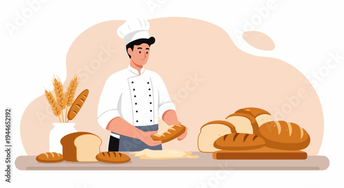 Professional baker in uniform handling dough and fresh bread in a stylized bakery scene.