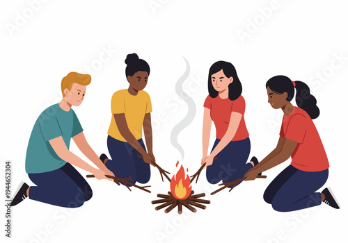 Diverse young people kneeling around a campfire, tending the flames during an outdoor adventure or evening gathering.