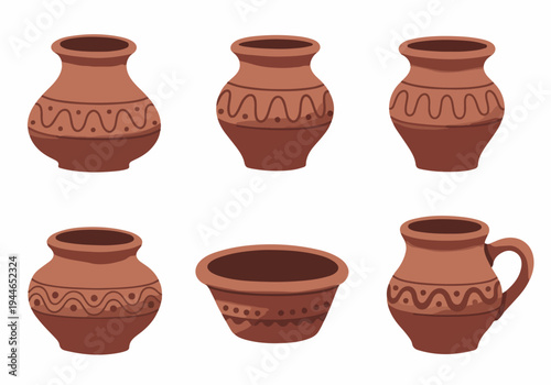 Set of traditional brown clay pottery vessels with ethnic patterns, including vases, bowls, and a pitcher, isolated on white background.