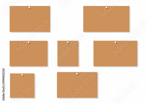Collection of seven blank brown/kraft paper reminder notes pinned with thumbtacks on a white background, ideal for notice boards and messaging.