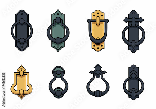 Collection of antique door knockers vector icons. Vintage brass and iron hardware elements featuring classic and ornate designs isolated on white.