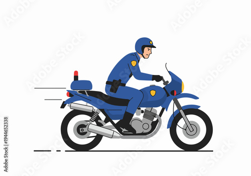 Flat vector illustration of a police officer speeding on a blue patrol motorcycle against a white background.
