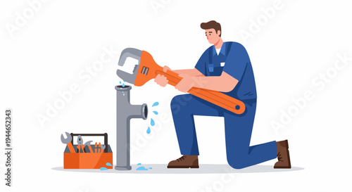 Professional plumber repairing a leaking pipe using an adjustable wrench, kneeling down next to his toolbox.