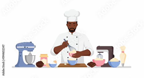 African American Chef Whisking Baking Ingredients in Professional Kitchen Setup Illustration