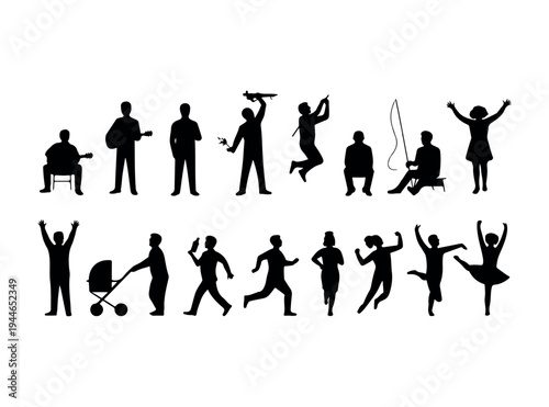 A diverse collection of people engaging in various activities like playing guitar, fishing, and dancing