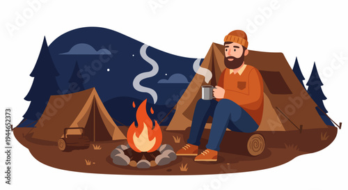 Man relaxing by a glowing campfire with a hot drink outside his tent during a peaceful night camping trip in the forest.
