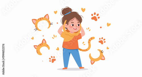 Cute cartoon girl wearing a scarf resembling a cat tail, surrounded by floating feline ears, paw prints, and hearts, illustrating a love for animals.