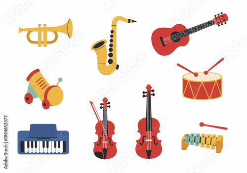 Colorful musical instruments flat design vector set: trumpet, saxophone, guitar, violin, keyboard, drum, and xylophone icons isolated on white background.