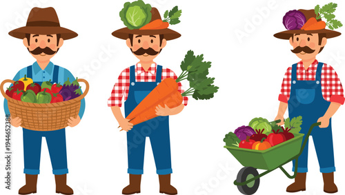 Flat vector illustration of an elderly senior man character set, walking with canes, wearing glasses and sweaters, geriatric healthcare, retirement.