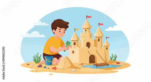 Smiling boy creating a detailed sandcastle on the beach with shovel and bucket, enjoying summer vacation playtime illustration.
