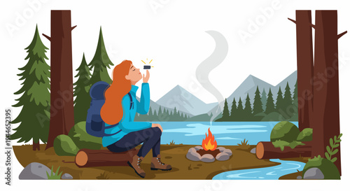 Hiker woman sitting by a forest campfire near a mountain lake, enjoying the fresh air and scent of nature illustration.