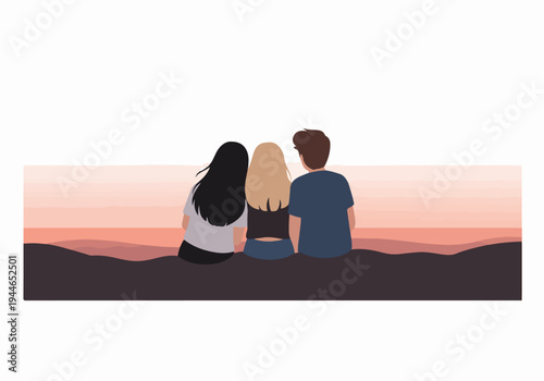 Friends sitting together watching the sunset over rolling hills, simple vector illustration of companionship and nature.
