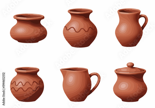 Collection of six traditional clay pottery vessels in brown earthenware, including jugs, pots, and jars, isolated on a white background.
