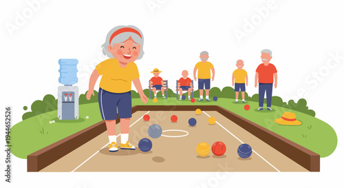 Happy senior woman bowling in a bocce ball game with her friends at the retirement park.