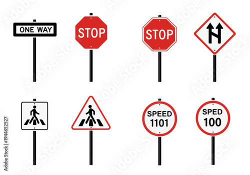Collection of eight common road and traffic signs: Stop, One Way, speed limits, and pedestrian crossing symbols, illustrated on a white background.