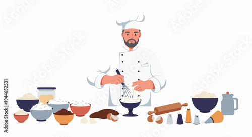 Chef preparing dessert mixture with whisk and ingredients, featuring baking supplies like flour, eggs, and rolling pin, flat vector illustration.