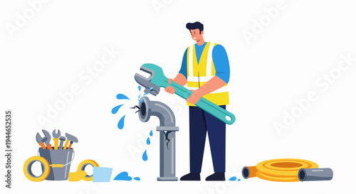 Professional Plumber Fixing a Serious Broken Pipe Leak using an Adjustable Wrench, surrounded by tools on a white background.