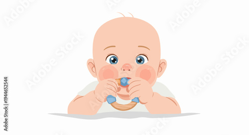 Cute cartoon baby chewing on a wooden and silicone teether toy, isolated vector illustration.