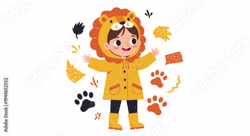 Happy little kid dressed in a fun lion-themed yellow raincoat and rubber boots illustration.