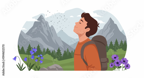 Young hiker enjoying the fresh air and beautiful landscape among mountains, forests, and spring wildflowers.