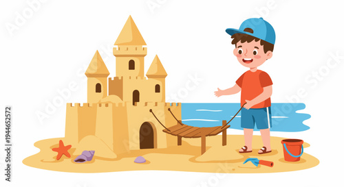 Cheerful Boy Builds a Magnificent Sandcastle on the Beach, Enjoying Summer Vacation Fun by the Ocean.