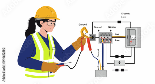 Female electrician inspecting electrical wiring diagram and measuring current with a clamp meter.