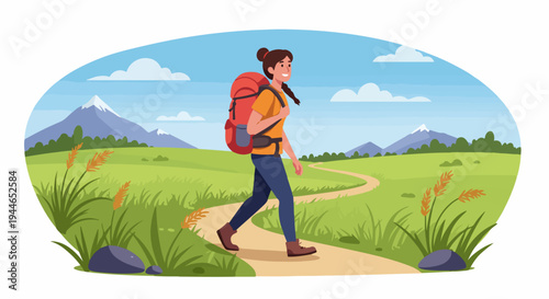 Smiling Woman Hiking on a Mountain Trail with Backpack, Enjoying the Scenic Green Landscape and Outdoor Adventure