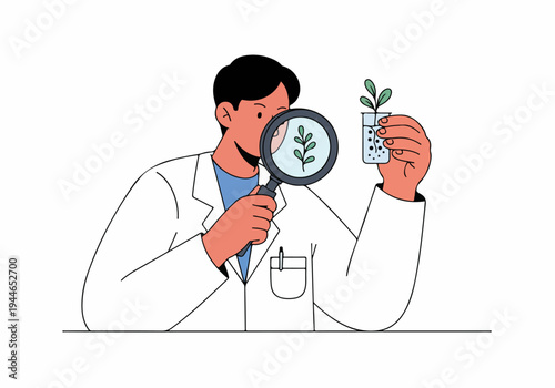 Scientist Examining Plant Sprout with Magnifying Glass in Laboratory Research Illustration