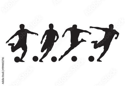 Black silhouettes showing male soccer players dribbling and kicking a football with energy