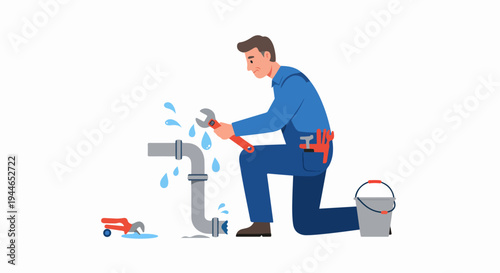 Professional plumber fixing a broken water pipe leak with a wrench, representing home repair and maintenance services.