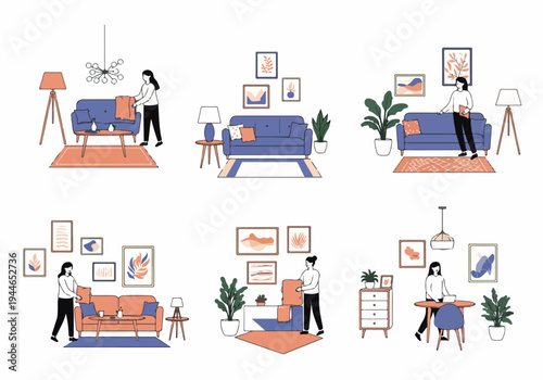 Flat illustration set of women arranging and decorating modern interior living spaces, showcasing cozy home design elements.