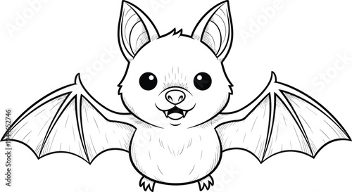 Cute Cartoon Bat Line Art Vector Illustration, Hand Drawn Halloween Animal Character Outline, Coloring Page for Kids Education and Creative Activities