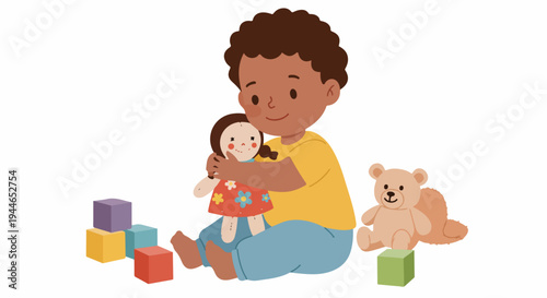 Happy toddler hugging a rag doll, surrounded by colorful building blocks and a teddy bear, illustrating children's playtime.