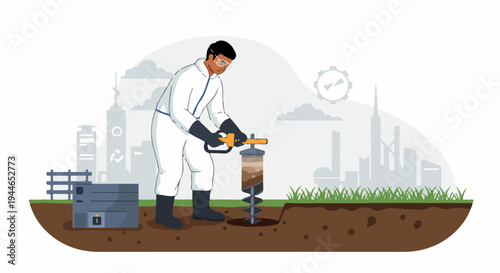 Environmental scientist extracting soil core sample using an auger in an urban area for quality and pollution investigation vector illustration.