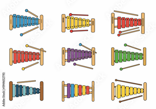 Collection of colorful vector xylophone and glockenspiel musical instruments with mallets, isolated on a white background.