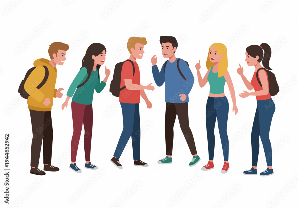 Fototapeta premium Group of diverse college students arguing, discussing problems, or having a confrontation in a flat design illustration.