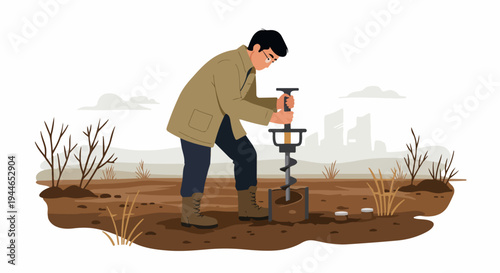 Environmental Engineer Collecting Soil Samples Using a Hand Auger for Geological and Agricultural Testing.