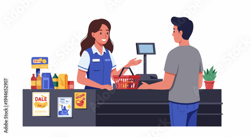 Friendly female cashier assisting a male customer at the supermarket checkout counter, demonstrating retail service, commerce, and transaction.