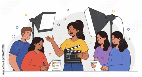 Media Production Team Collaboration: Diverse Group Working on Film or Video Project with Clapperboard and Studio Lights.