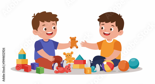 Happy little boys playing and sharing toys like building blocks and teddy bears, illustrating friendship and early childhood development.