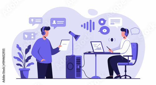 A modern vector illustration of two men collaborating on a podcast or voice recording project, featuring microphone, headphones, and laptop setup.