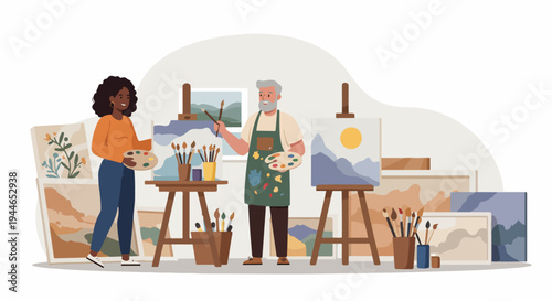 Diverse Artists Painting in Studio with Easels and Supplies