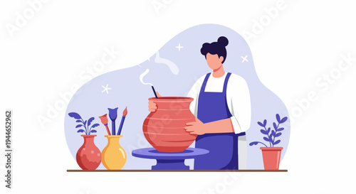 Flat vector illustration of a creative artisan working on a ceramic pot, focusing on the craft and handmade art of pottery.