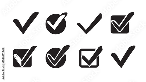 Collection of Black Check Mark Icons Vector. Validation Symbols for Checklists and UI Design
