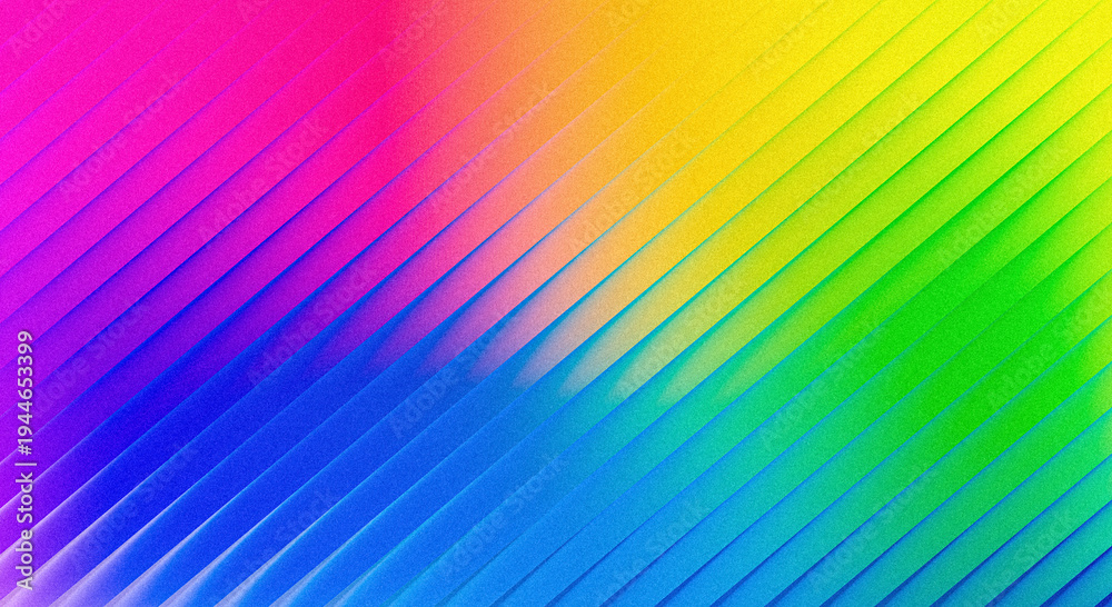 Obraz premium Grainy vibrant rainbow gradient spectrum with diagonal lines pattern creating dynamic multicolored striped background